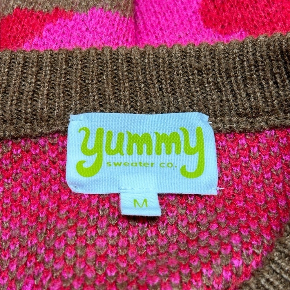 Yummy Pink Camo Crewneck Sweater Medium | Hot Pink Brown Knit Pullover | Boho - Picture 3 of 6